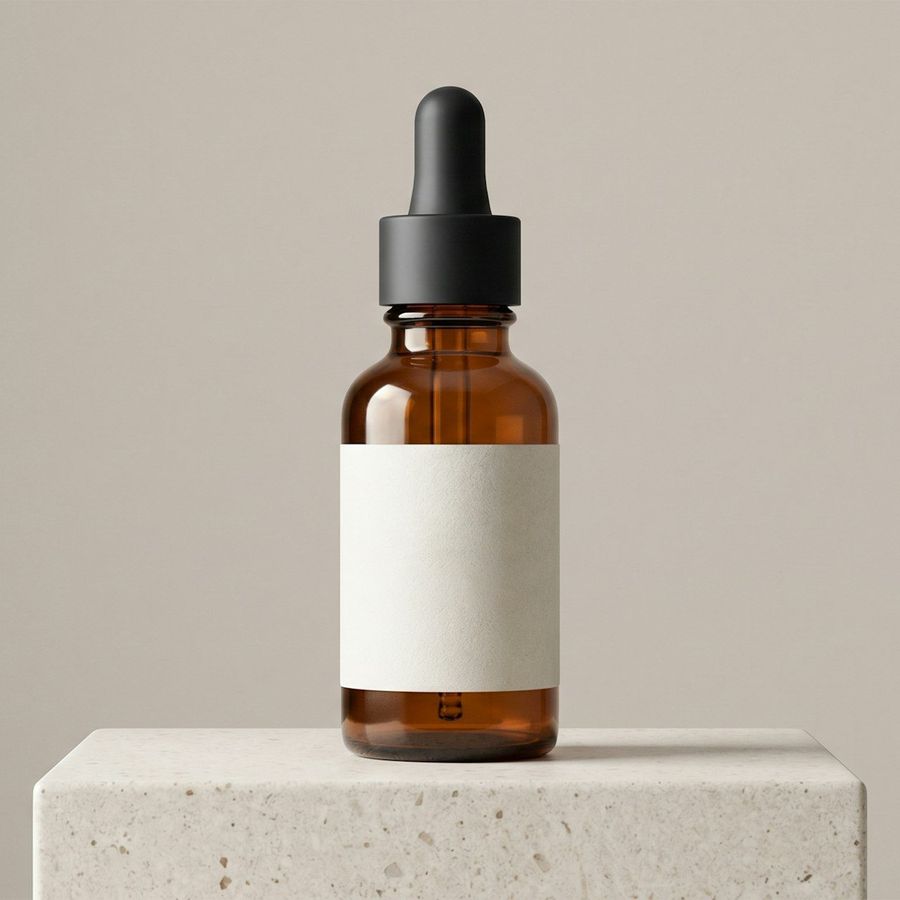 Botol serum embun di atas balok batu